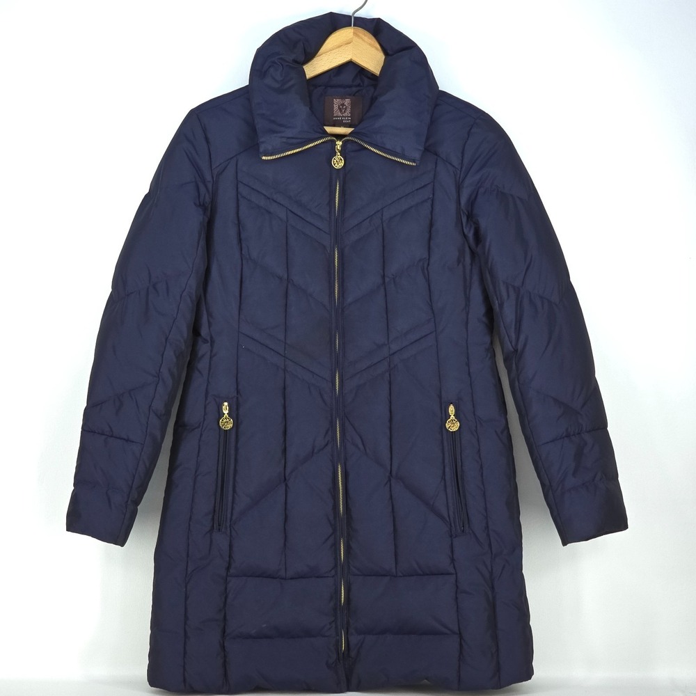 Anne Klein Down Feather‎ Puffer Coat Womens Medium Navy Long Preppy Quiet Luxury